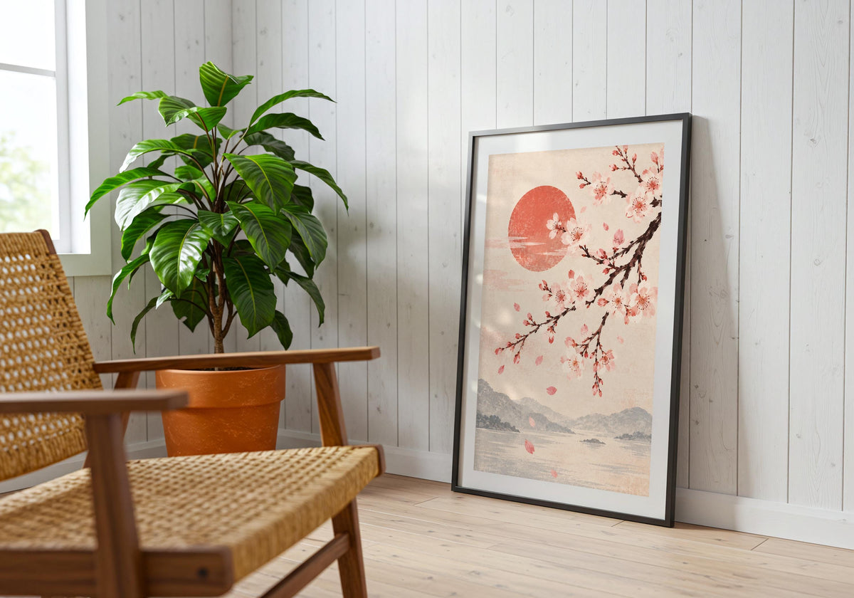 In the reading corner, framed cherry blossom branc shows cherry blossom branch over misty mountains.