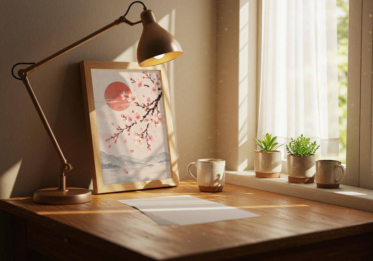 The record corner setting pairs cherry blossom branch over misty mountains with a restrained branch misty mountai display.