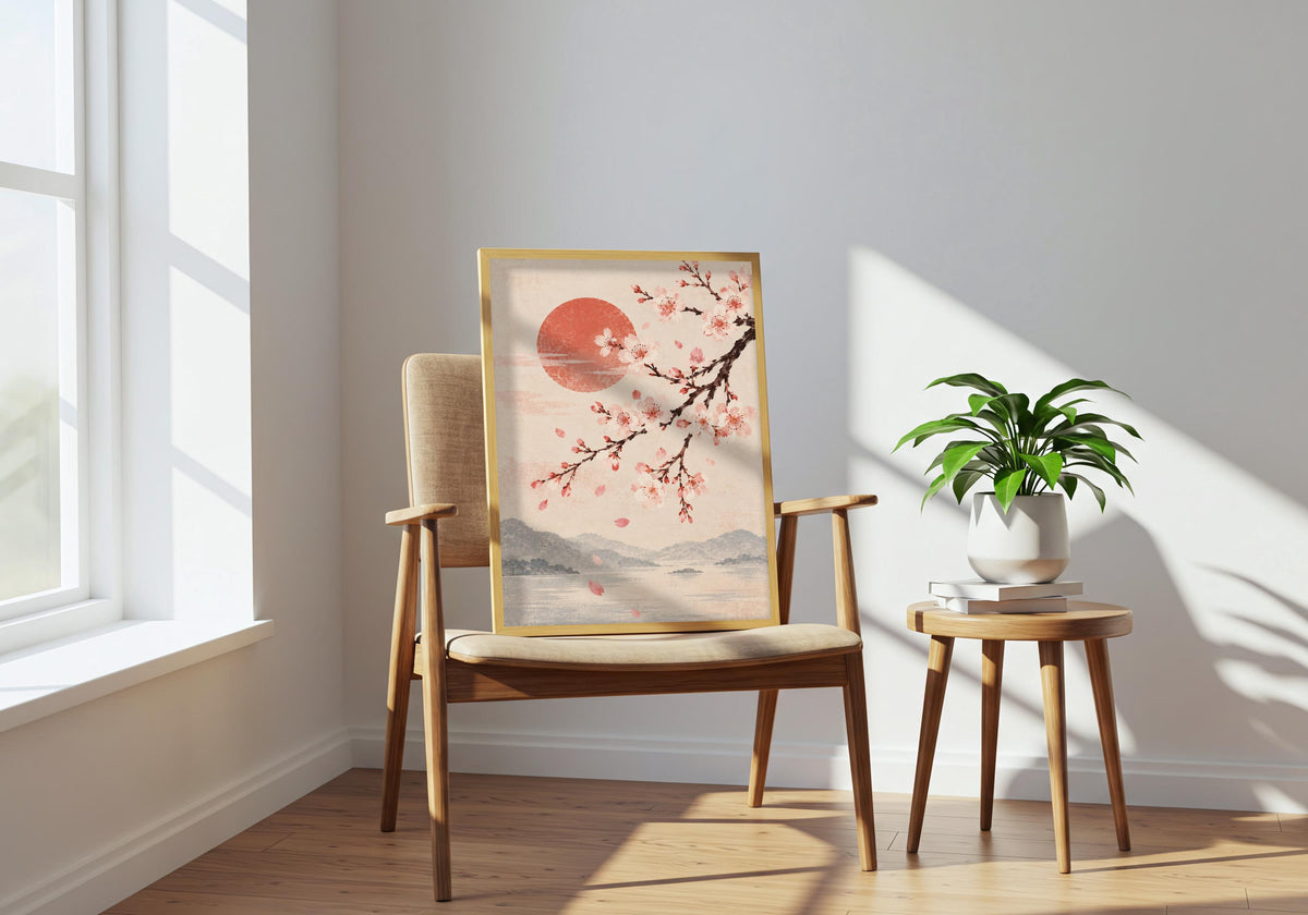 Cherry blossom branch over misty mountains hangs within the chair room, styled as cherry blossom poste.