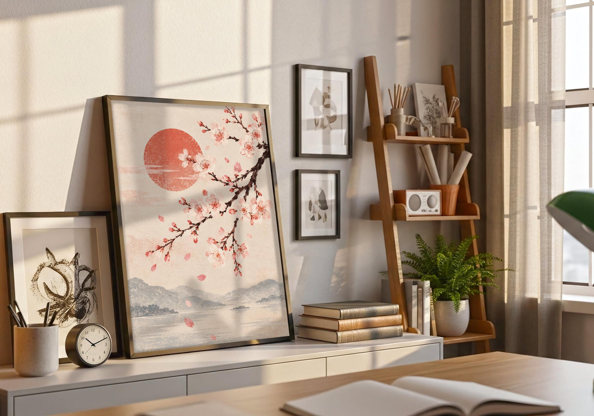 Greenery surrounds cherry blossom branch over misty mountains in this natural frame greenery presentation of japandi wall art.