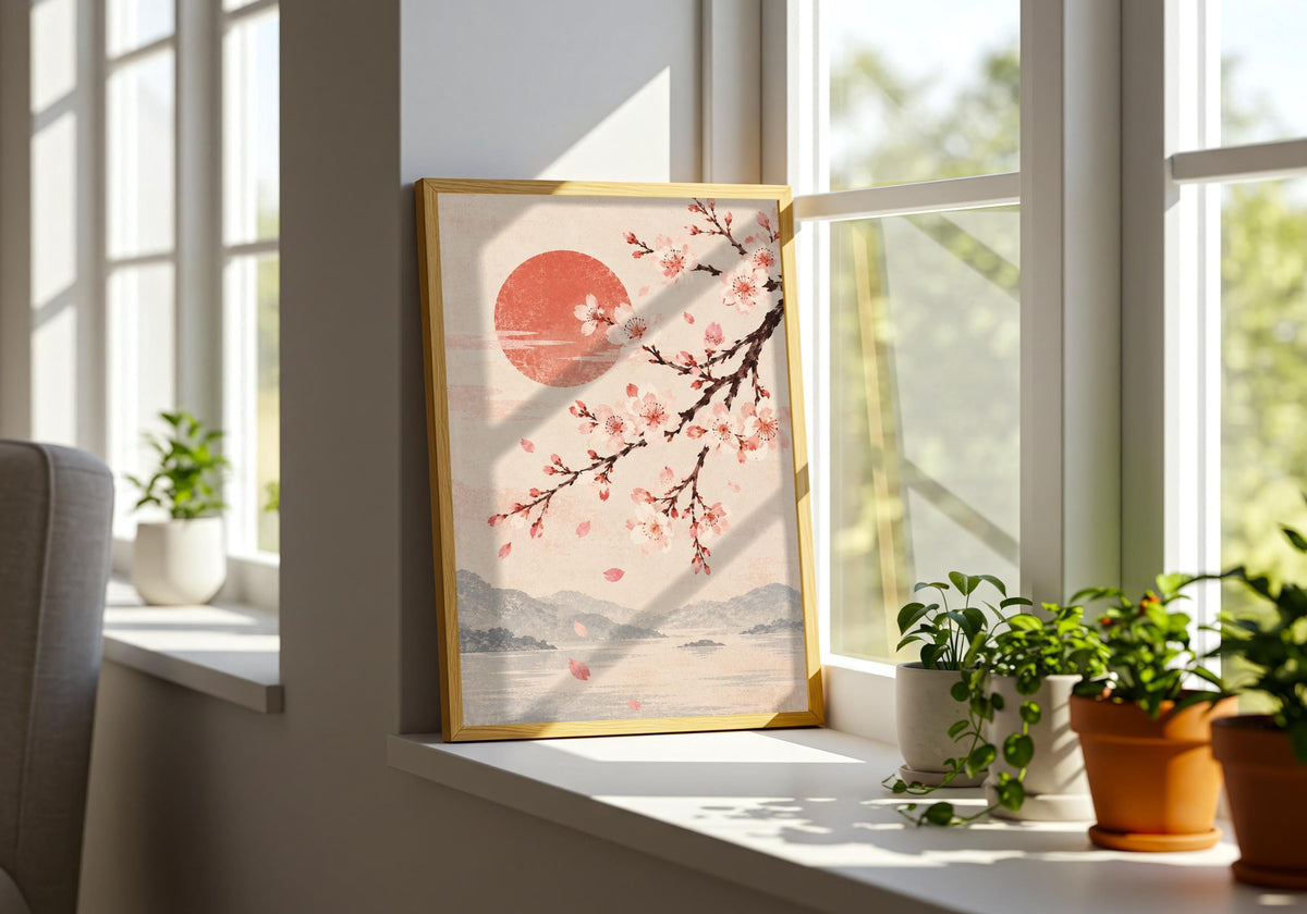 The contemporary green plant room gives the colourful art print depiction of cherry blossom branch over misty mountains room to breathe.