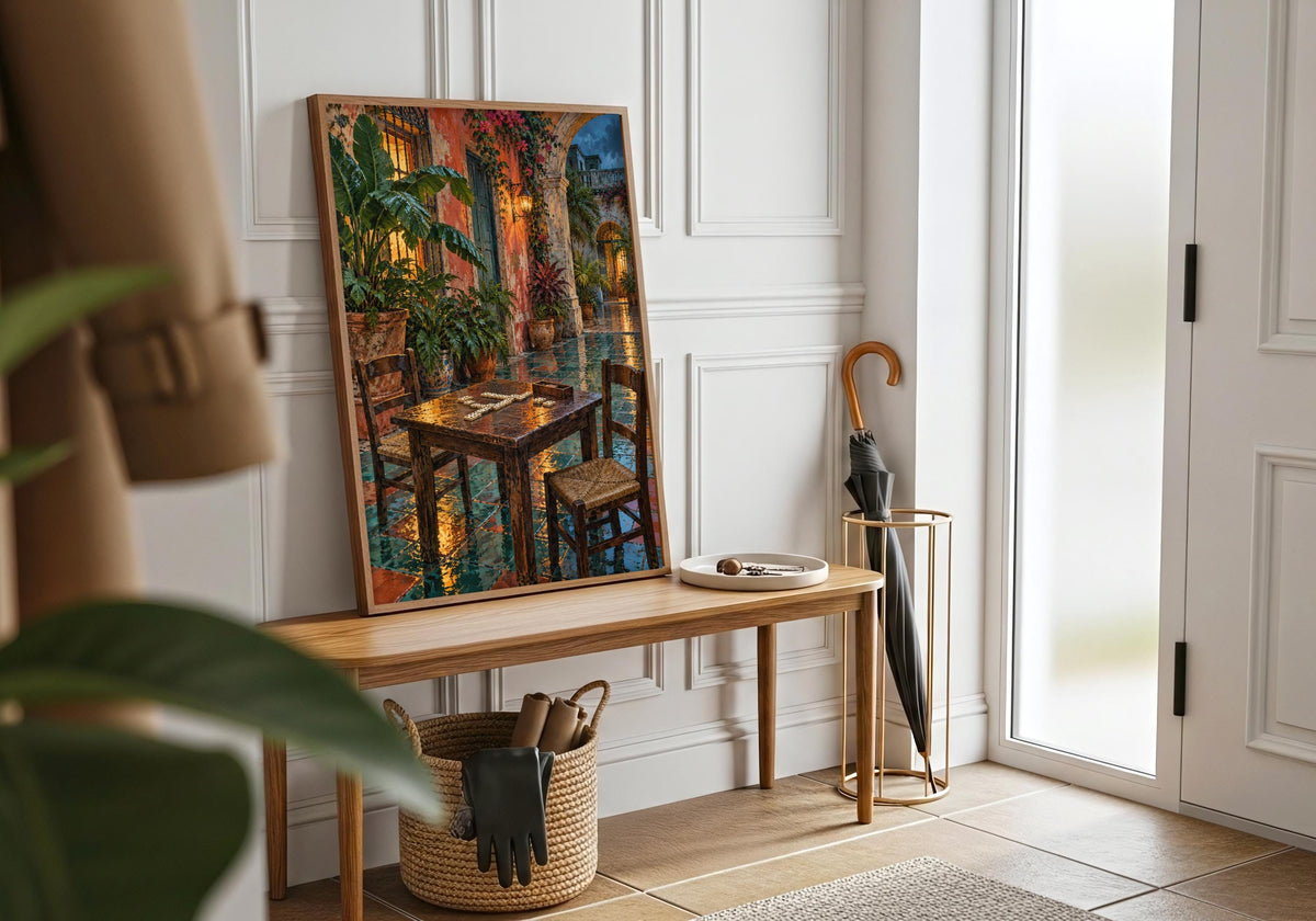 A final white frame room wide view shows how havana domino table after rain works as portrait art print.