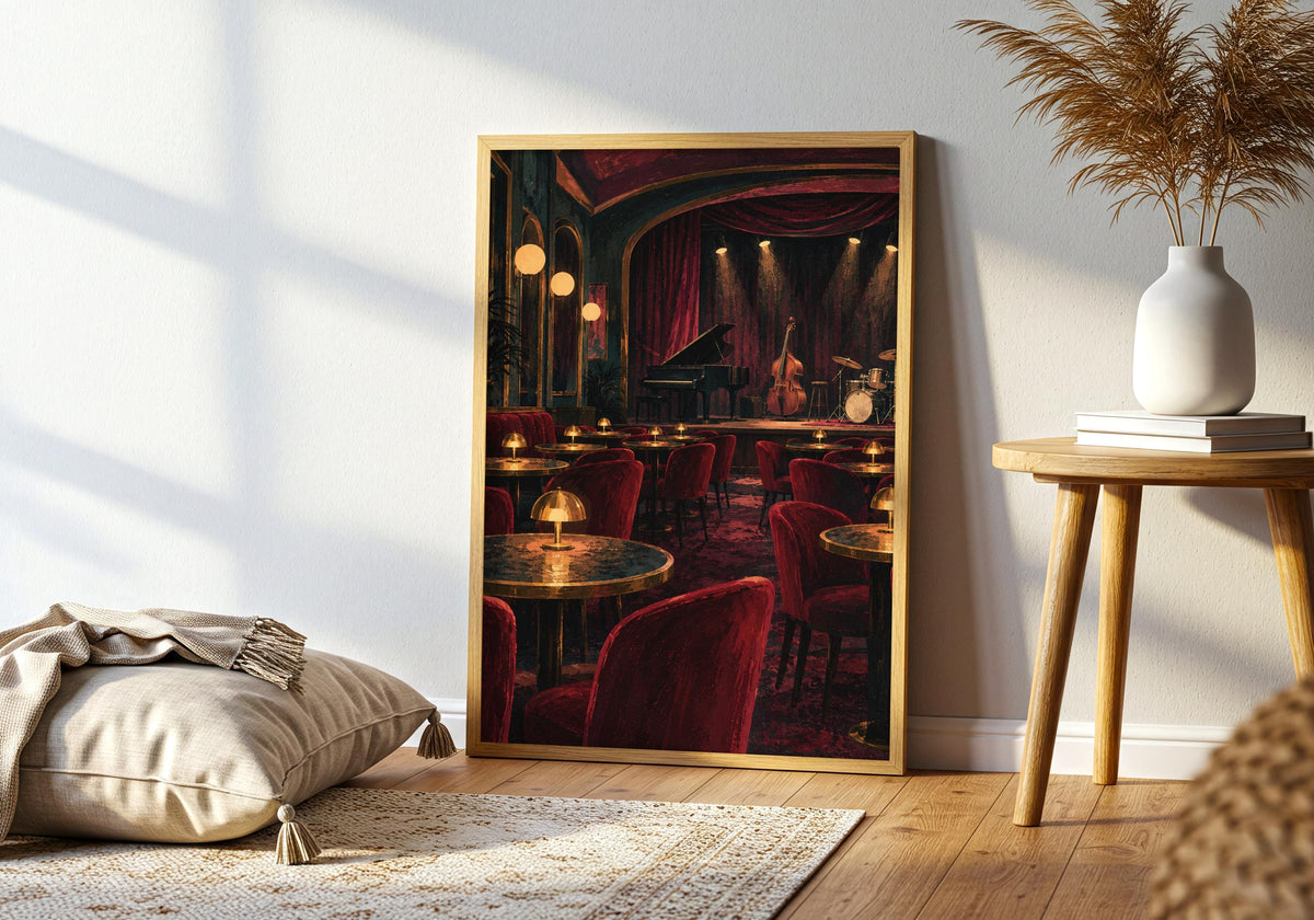 A closer living room view centres the framed music wall art featuring jazz club tables before opening.