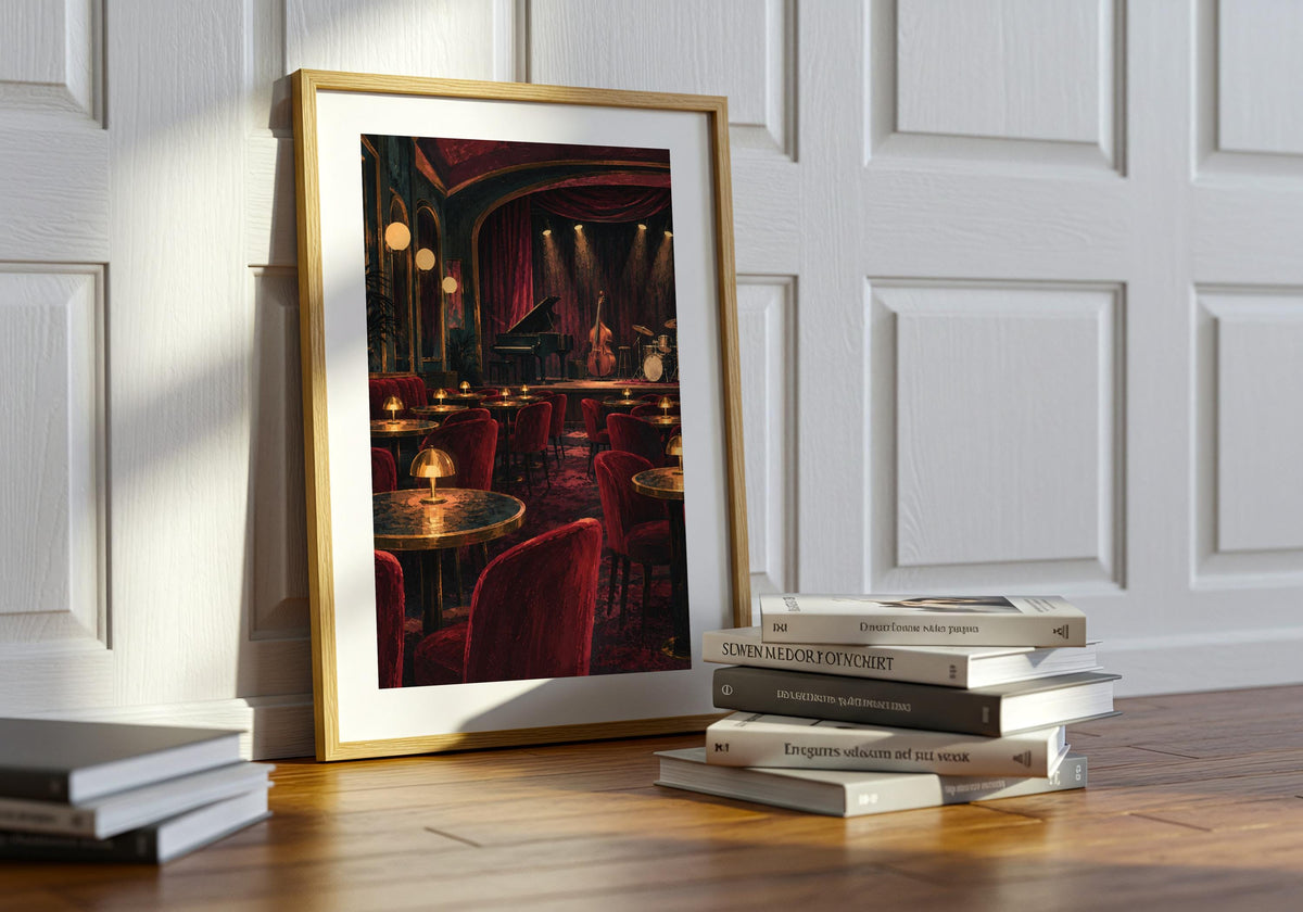 Greenery surrounds jazz club tables before opening in this green plant lounge presentation of music lover gift.