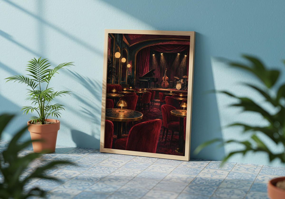 This armchair room composition uses record room decor to highlight jazz club tables before opening.