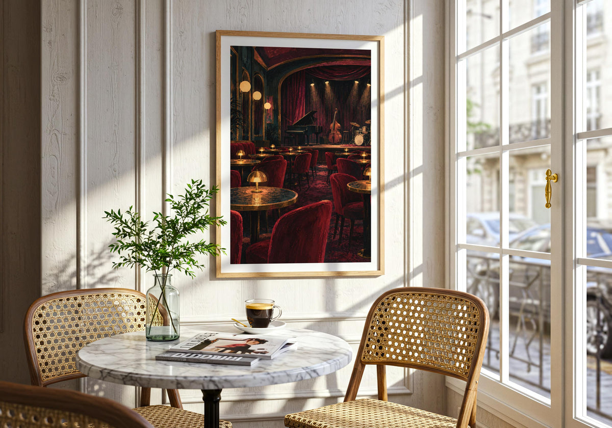 The contemporary console wall gives the colourful art print depiction of jazz club tables before opening room to breathe.