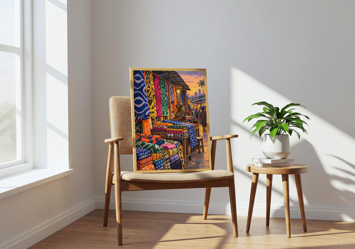 Lagos fabric stall at closing time hangs within the chair room, styled as lagos fabric poster.