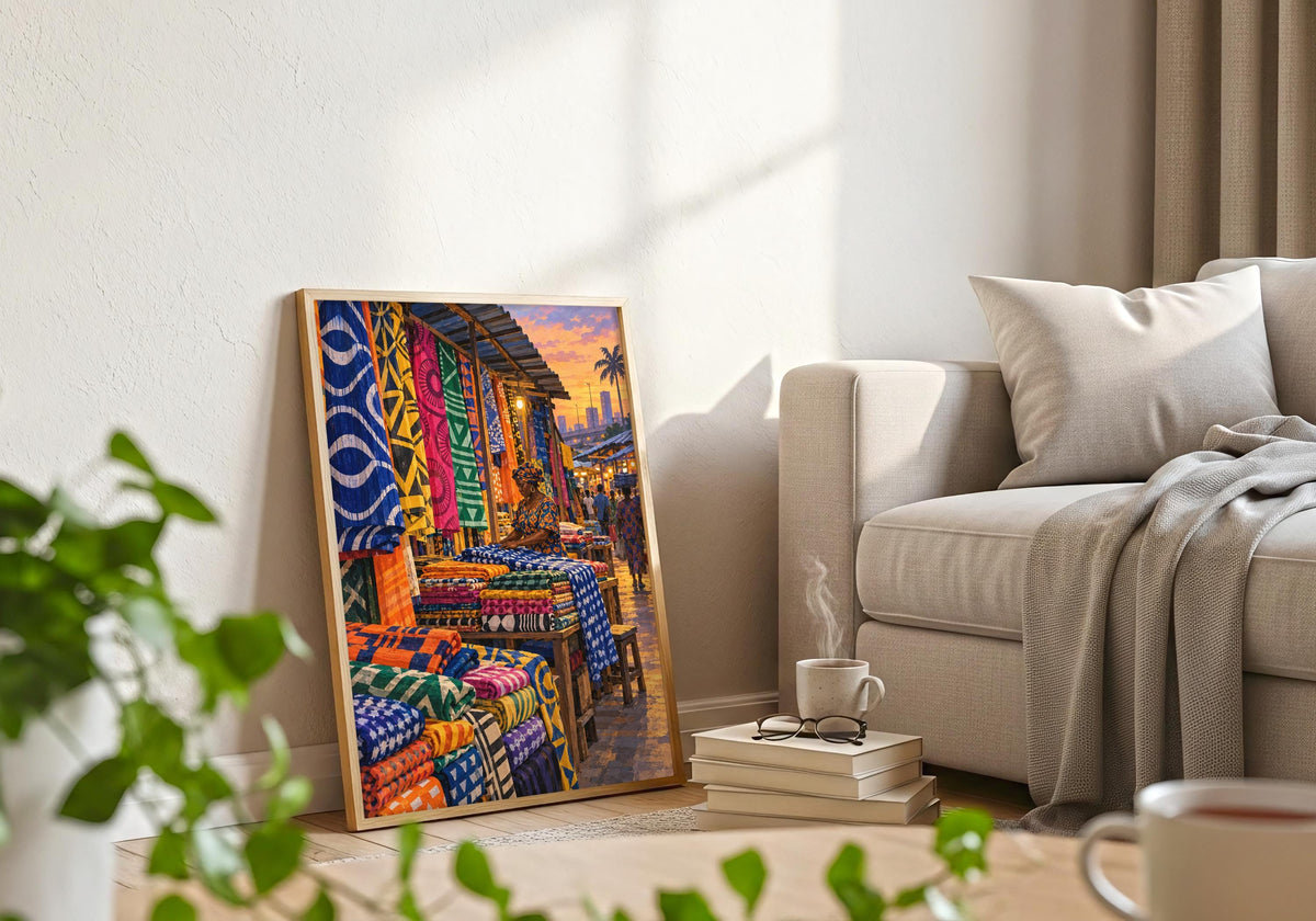 This white frame room composition uses market scene print to highlight lagos fabric stall at closing time.
