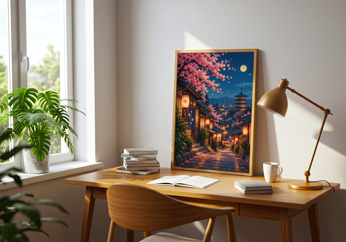 The sideboard room setting pairs moonlit lanterns in kyoto’s cherry blossom lane with a restrained cherry blossom lane display.