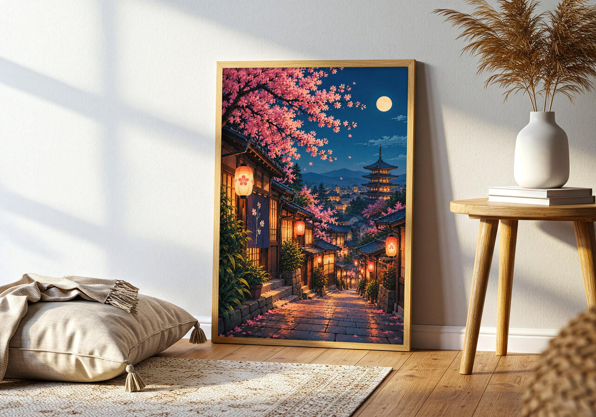 A closer living room view centres the framed japanese wall art featuring moonlit lanterns in kyoto’s cherry blossom lane.