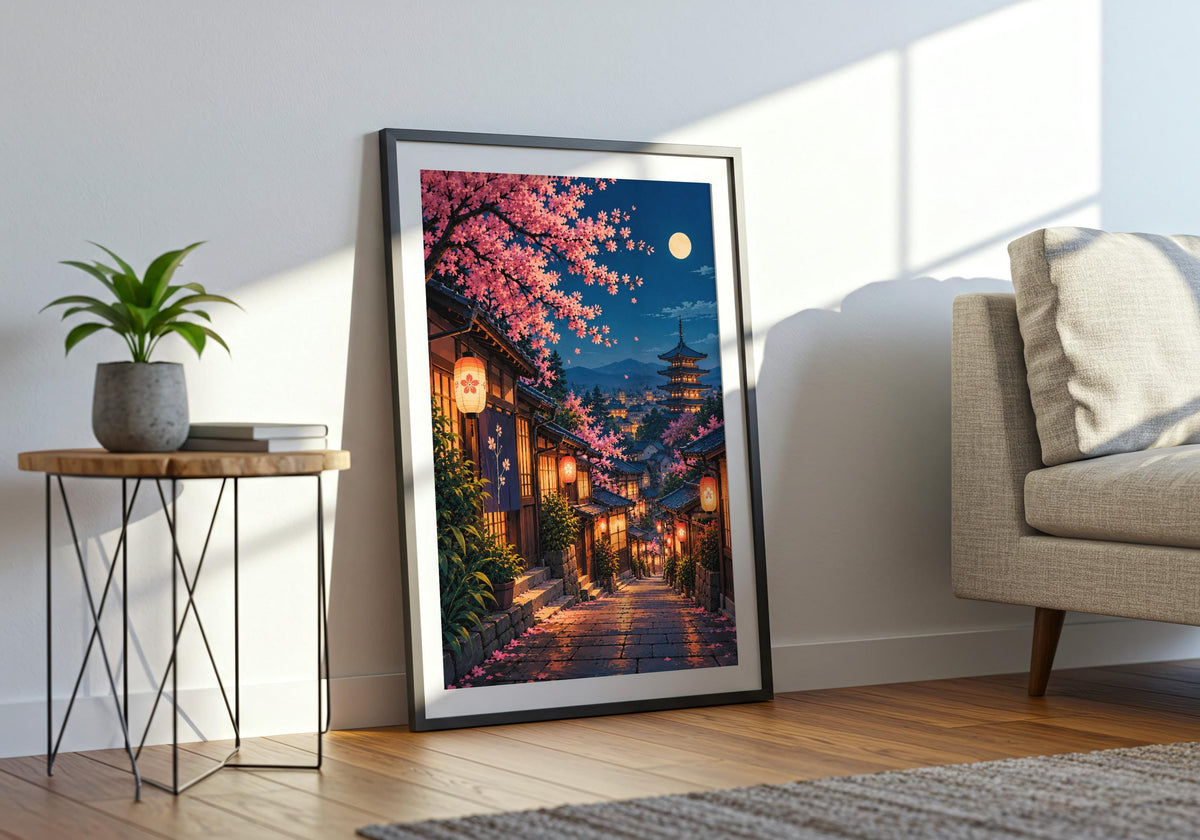 A final living room wide view shows how moonlit lanterns in kyoto’s cherry blossom lane works as portrait art print.