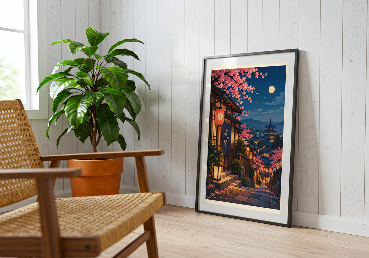 In the reading corner, framed moonlit sakura lante shows moonlit sakura lantern street.