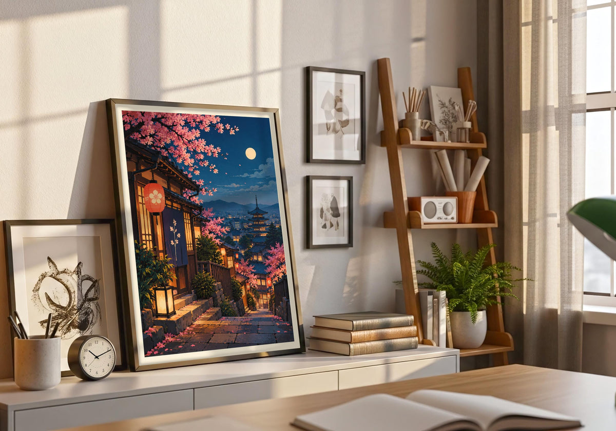 Greenery surrounds moonlit sakura lantern street in this natural frame greenery presentation of japandi wall art.