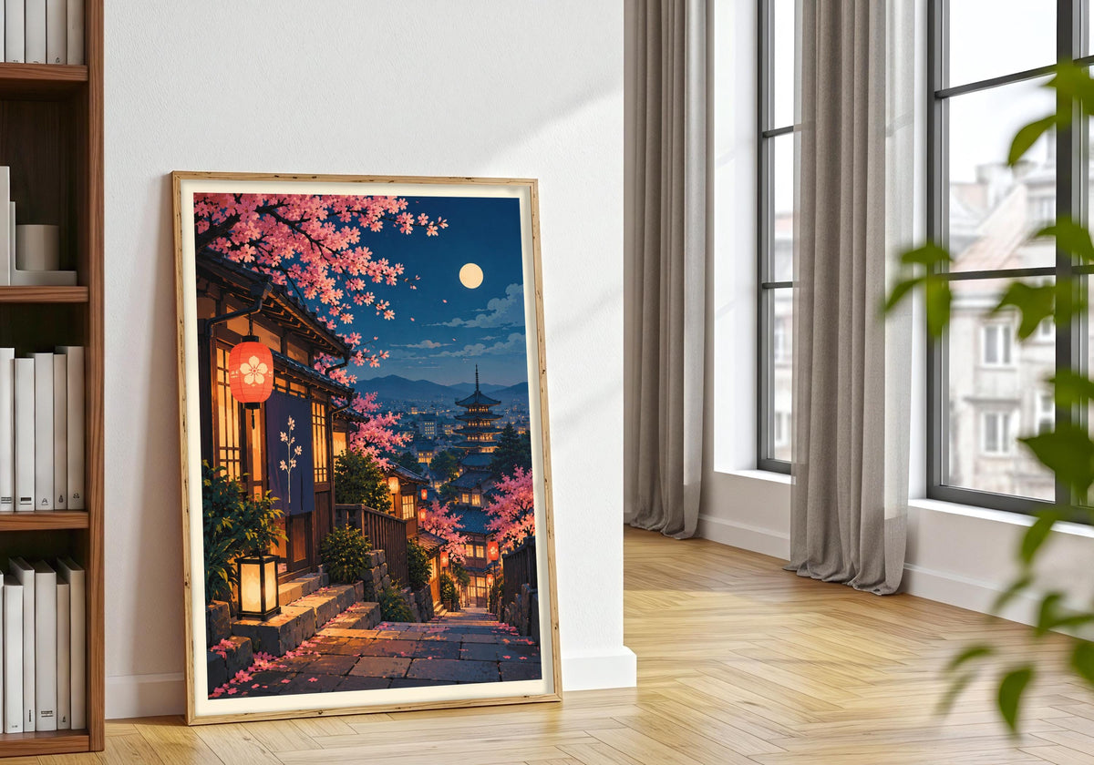 Against the natural frame plants, moonlit sakura lantern street reads clearly as painterly wall art.
