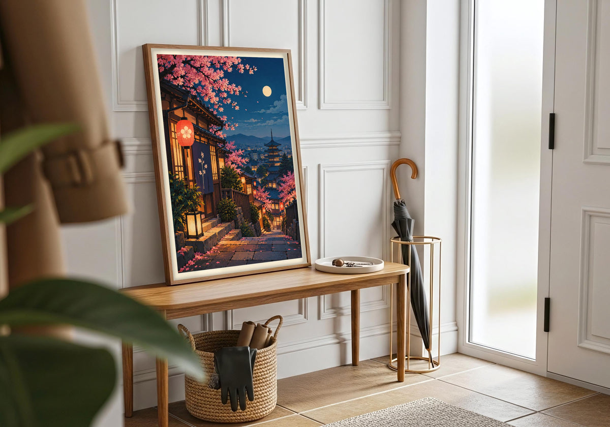 A final white frame room wide view shows how moonlit sakura lantern street works as portrait art print.