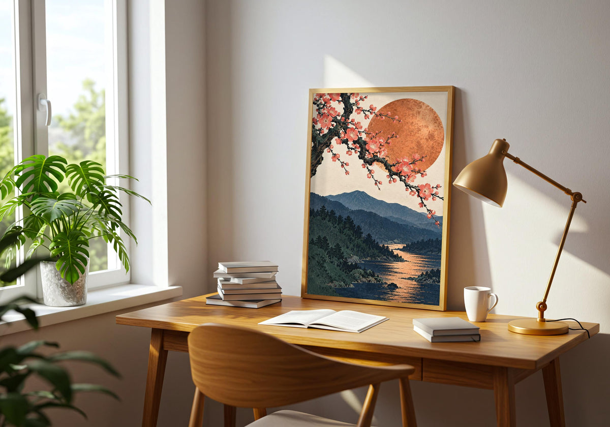 The sideboard room setting pairs plum blossom and copper moon with a restrained blossom copper moon display.