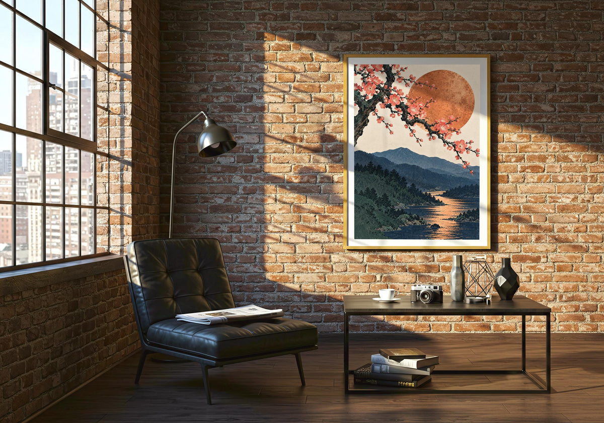 Plum blossom and copper moon hangs within the green lounge, styled as plum blossom poster.