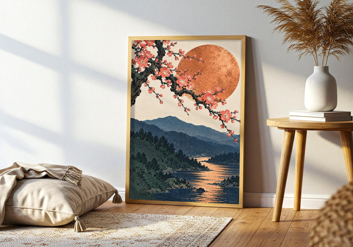 A closer living room view centres the framed japanese wall art featuring plum blossom and copper moon.