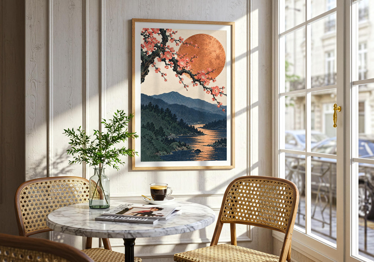 The contemporary console wall gives the colourful art print depiction of plum blossom and copper moon room to breathe.