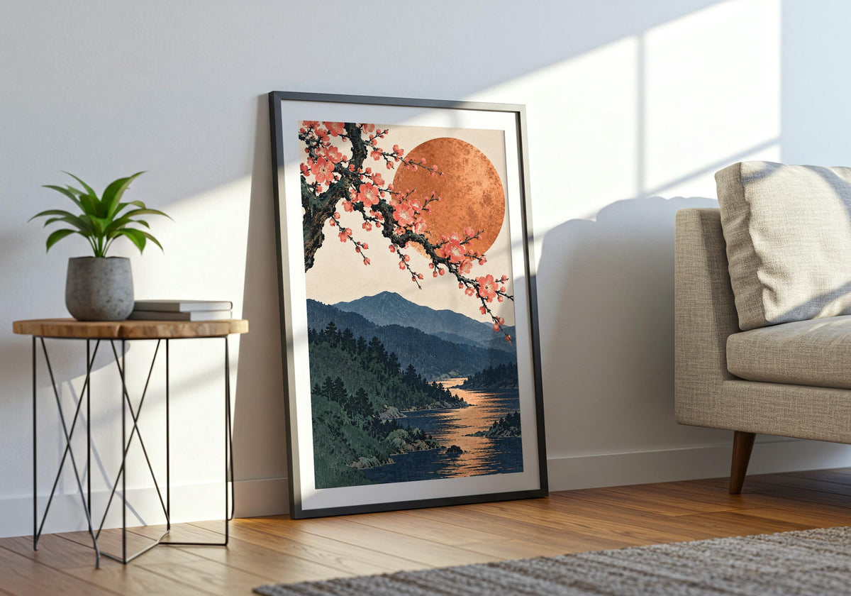 A final living room wide view shows how plum blossom and copper moon works as portrait art print.