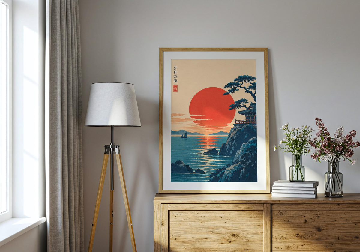 In the console room, framed sunset temple by shows sunset temple by the sea.
