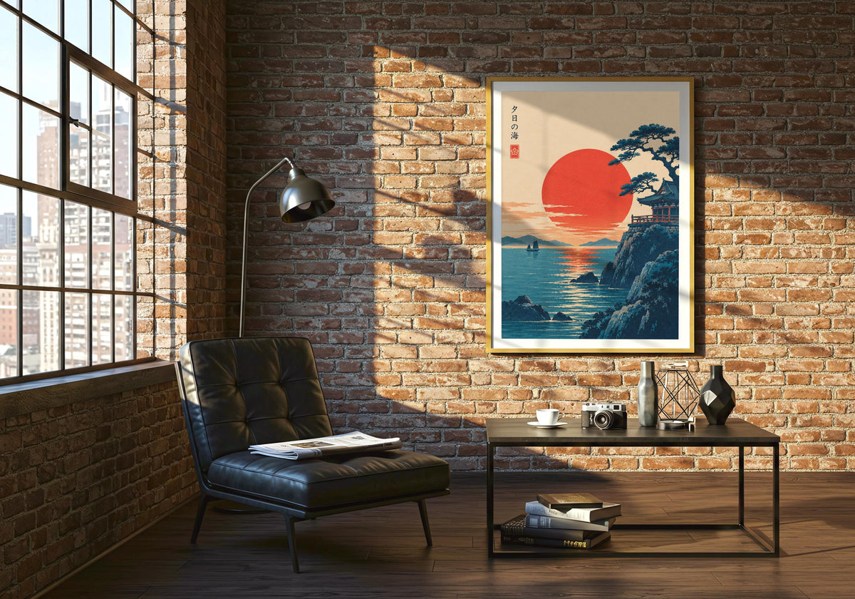Sunset temple by the sea hangs within the green lounge, styled as sunset temple poster.