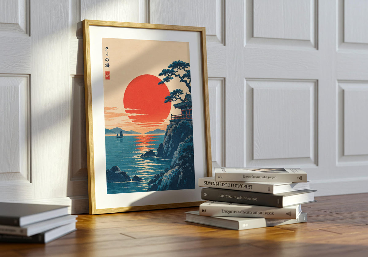 Greenery surrounds sunset temple by the sea in this green plant lounge presentation of japandi wall art.