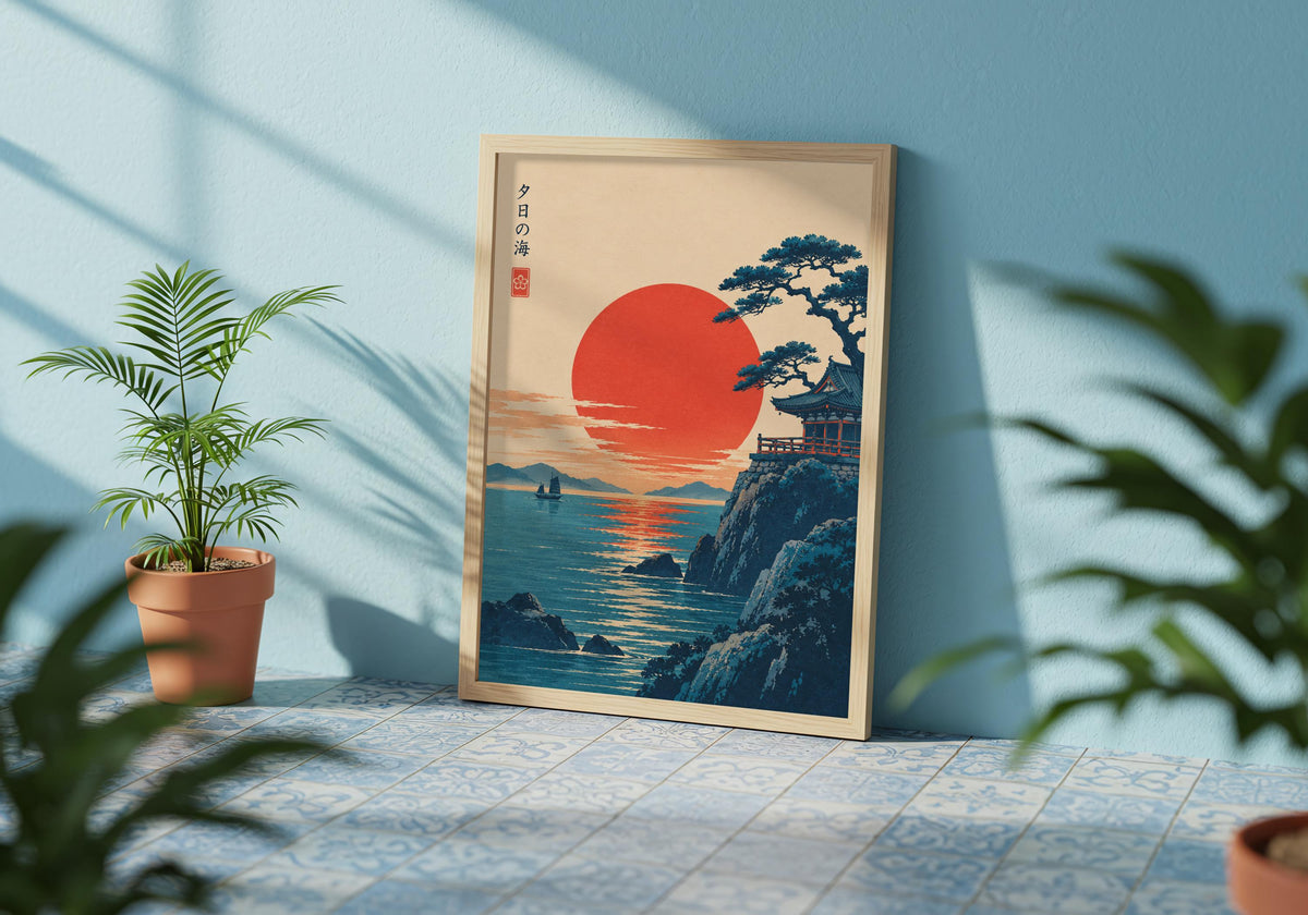 This armchair room composition uses woodblock style to highlight sunset temple by the sea.