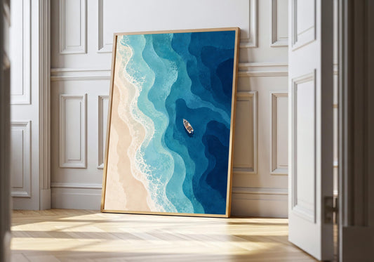 A light wood hero frame presents aerial coastal waves with small boat as coastal landscape pr in a clean interior.