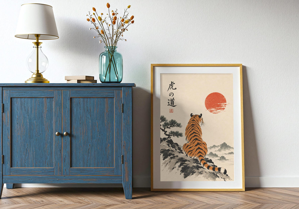 Tiger beneath the crimson sun hangs within the home office, styled as japanese wall art.