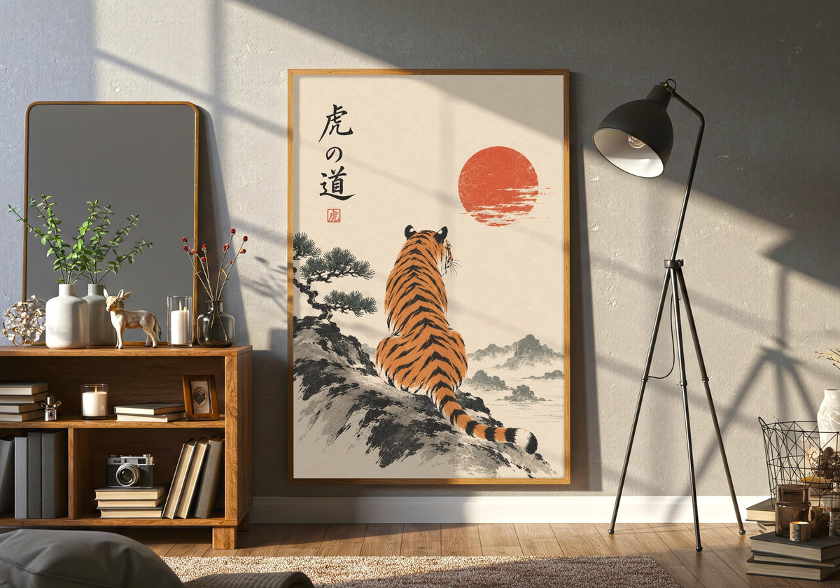A closer sofa detail view centres the framed japandi wall art featuring tiger beneath the crimson sun.