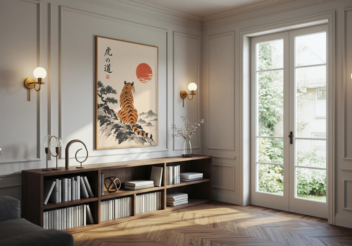 This leafy living room composition uses painterly wall art to highlight tiger beneath the crimson sun.
