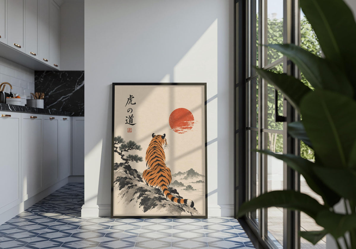 The contemporary living room gives the portrait art print depiction of tiger beneath the crimson sun room to breathe.