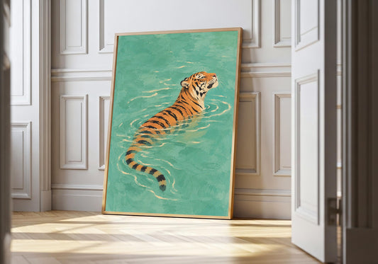 A light wood hero frame presents serene tiger floating in teal waters as tiger art print in a clean interior.
