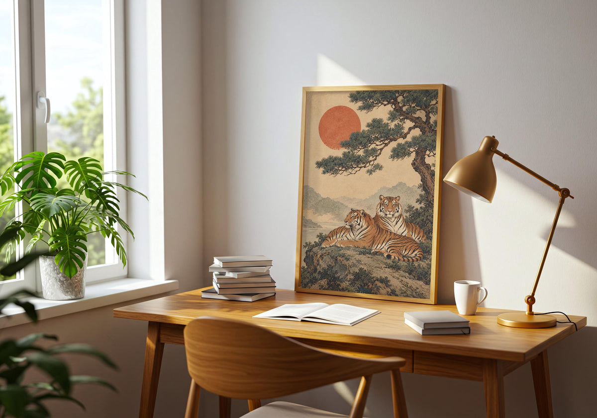 The sideboard room setting pairs tigers beneath the windswept pine with a restrained tigers windswept pos display.