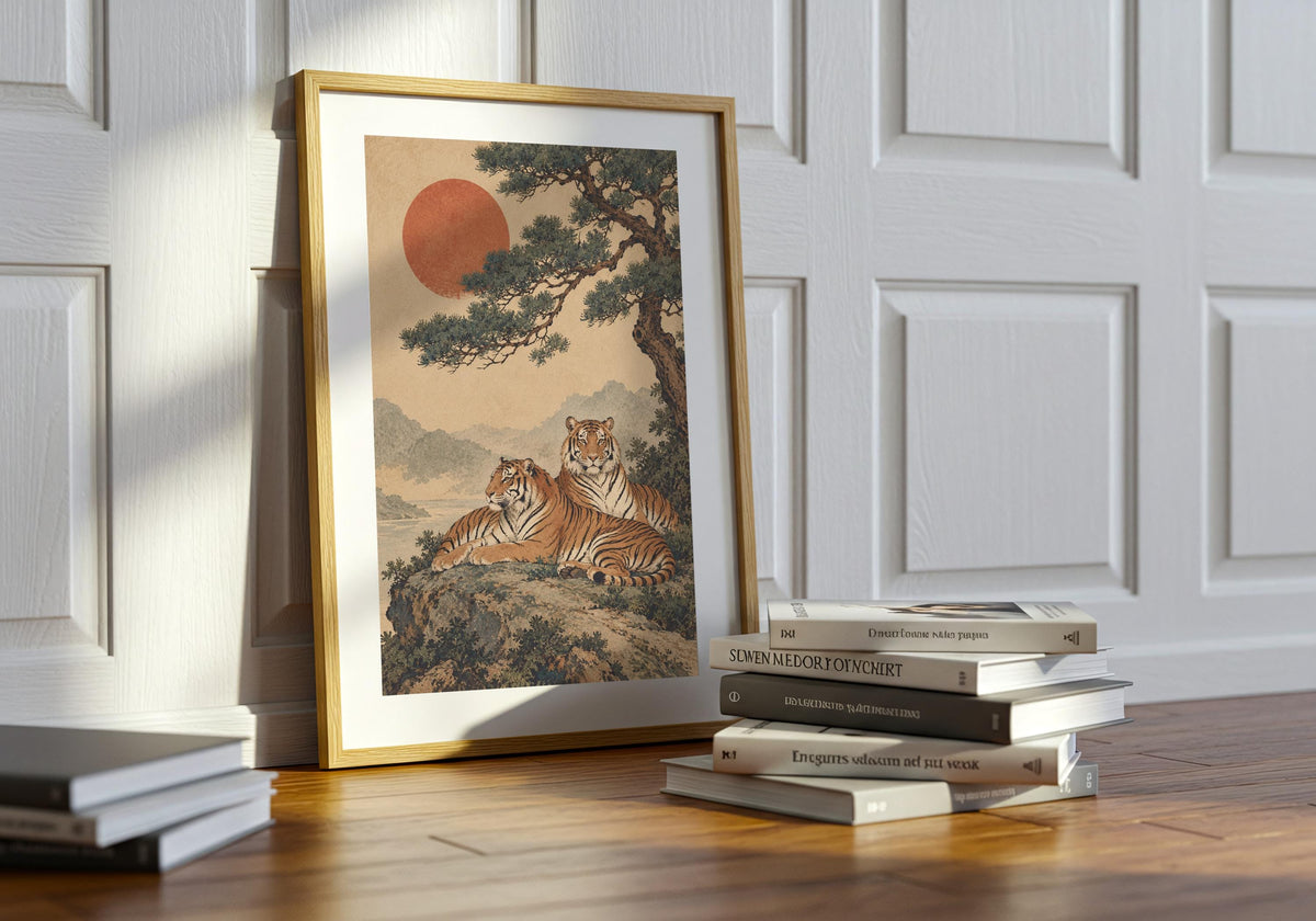 Greenery surrounds tigers beneath the windswept pine in this green plant lounge presentation of woodblock style.