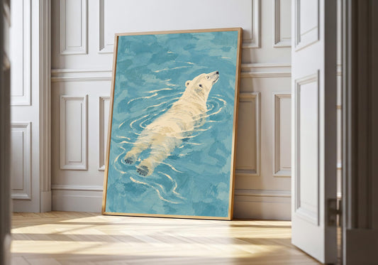 A light wood hero frame presents serene polar bear swimming in teal waters as polar bear art print in a clean interior.