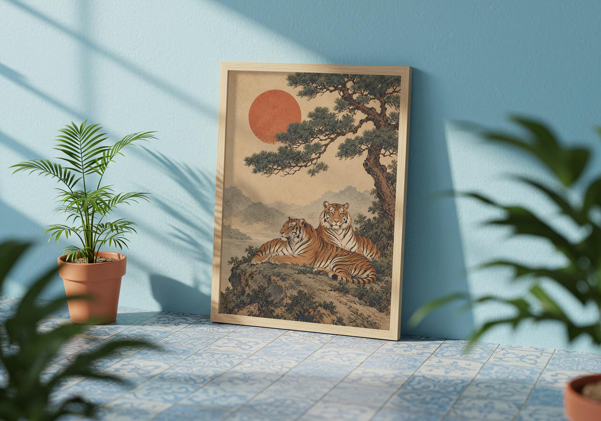 This armchair room composition uses painterly wall art to highlight tigers beneath the windswept pine.