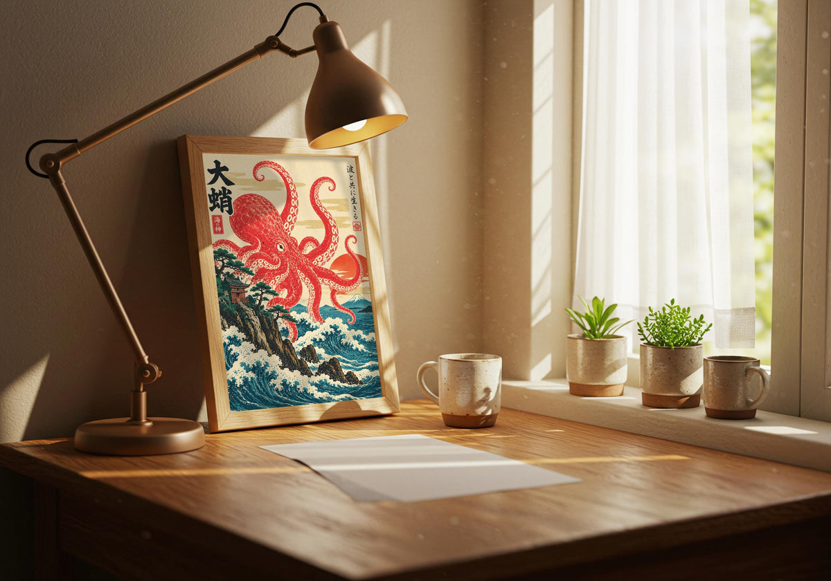 The record corner setting pairs ukiyo-e octopus over coastal waves with a restrained octopus coastal wave display.