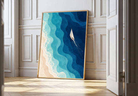 A light wood hero frame presents overhead sailboat in layered blue waters as coastal landscape pr in a clean interior.