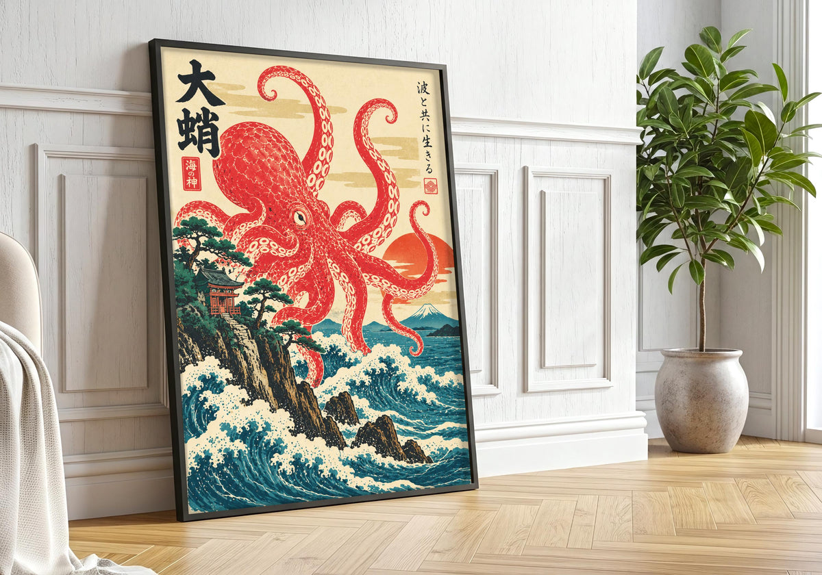 A closer black frame greenery view centres the framed coastal wall art featuring ukiyo-e octopus over coastal waves.
