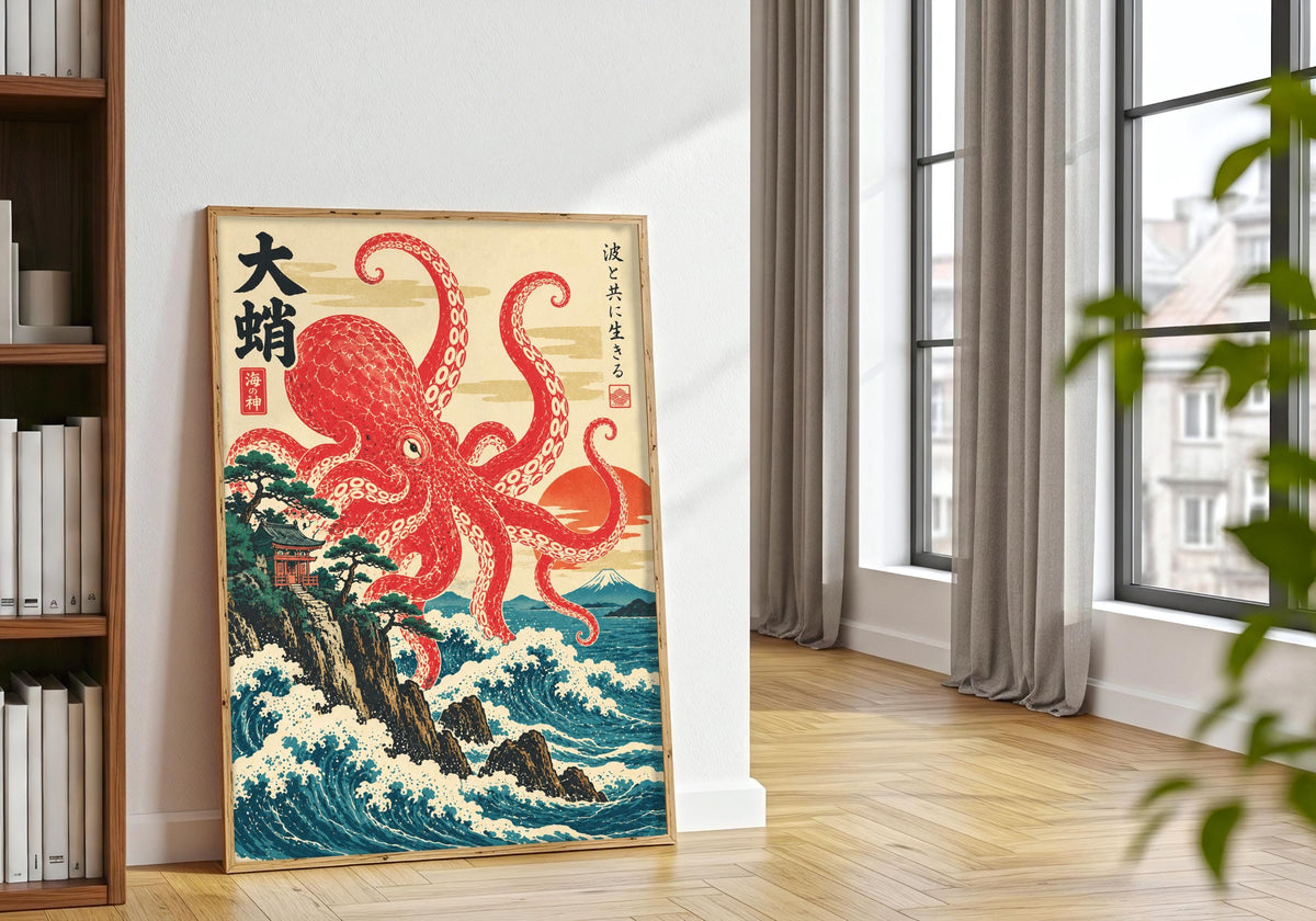 Against the natural frame plants, ukiyo-e octopus over coastal waves reads clearly as painterly wall art.