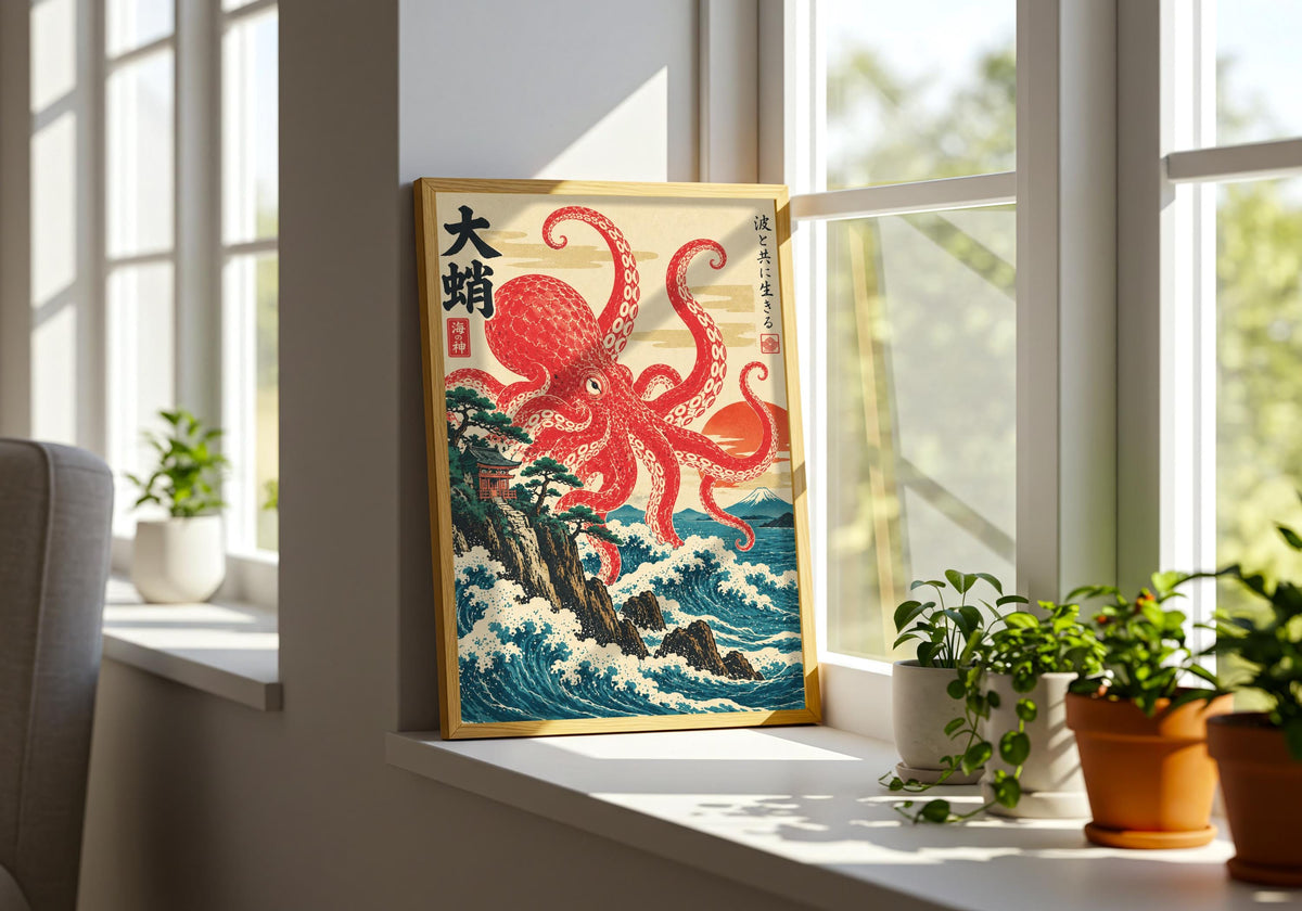 The contemporary green plant room gives the colourful art print depiction of ukiyo-e octopus over coastal waves room to breathe.