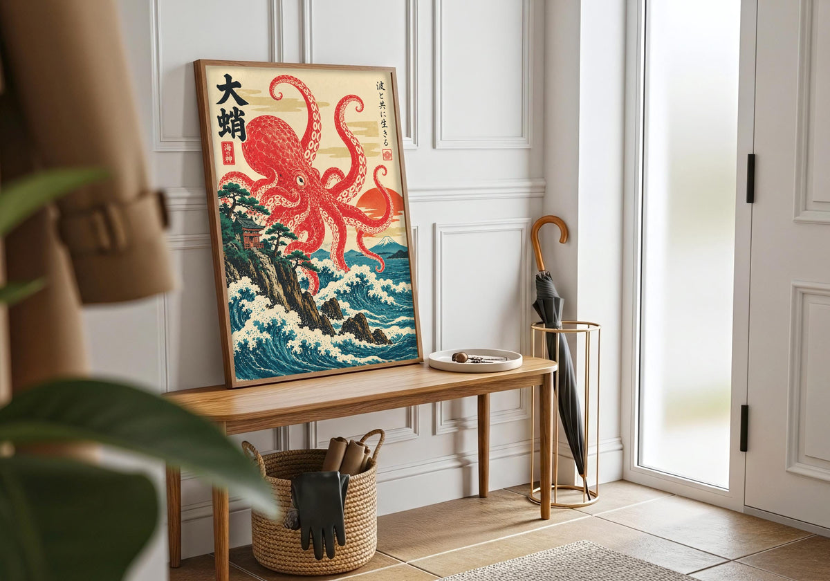 A final white frame room wide view shows how ukiyo-e octopus over coastal waves works as portrait art print.