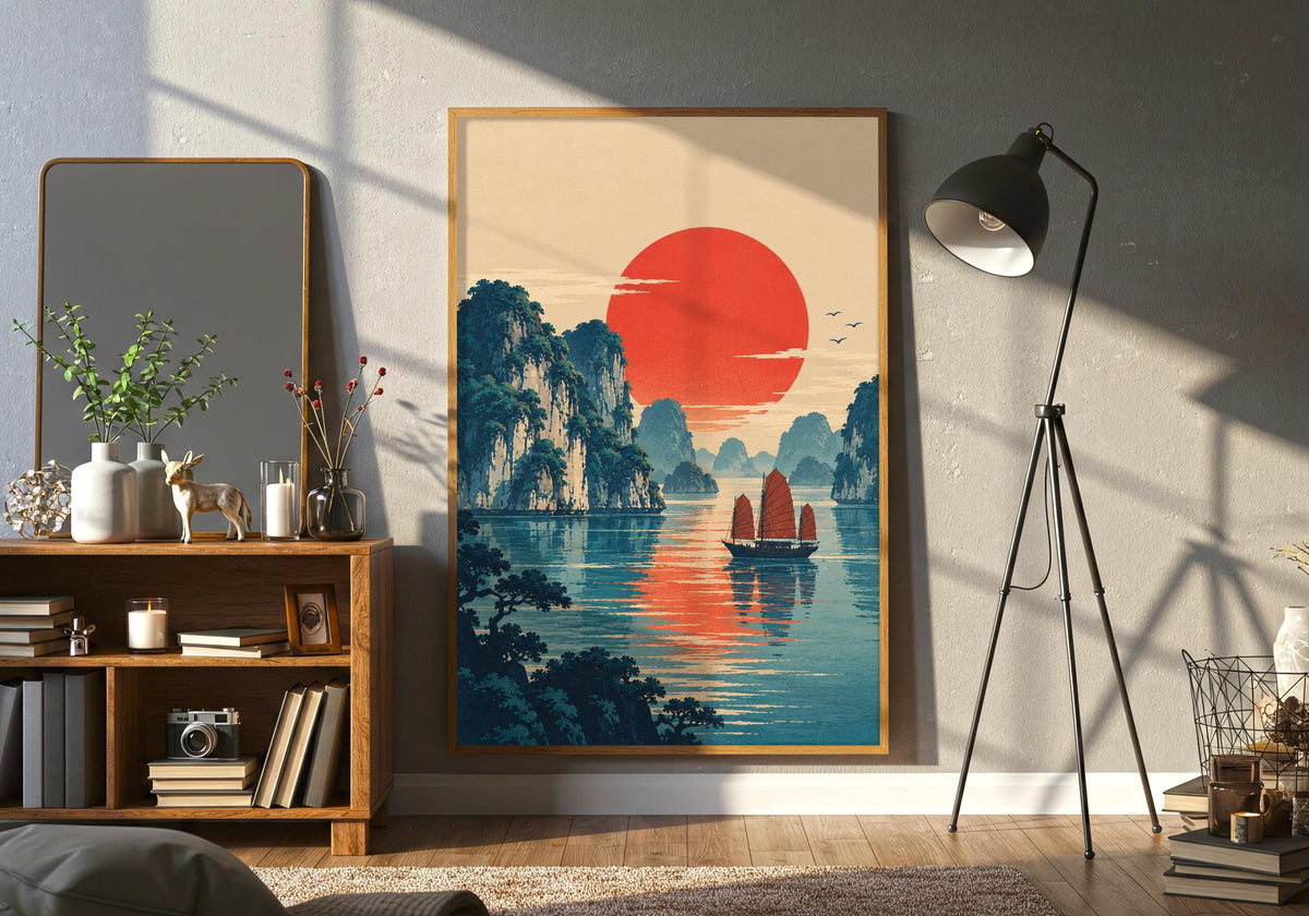 A closer sofa detail view centres the framed japanese wall art featuring ukiyo-e sunset over halong bay.