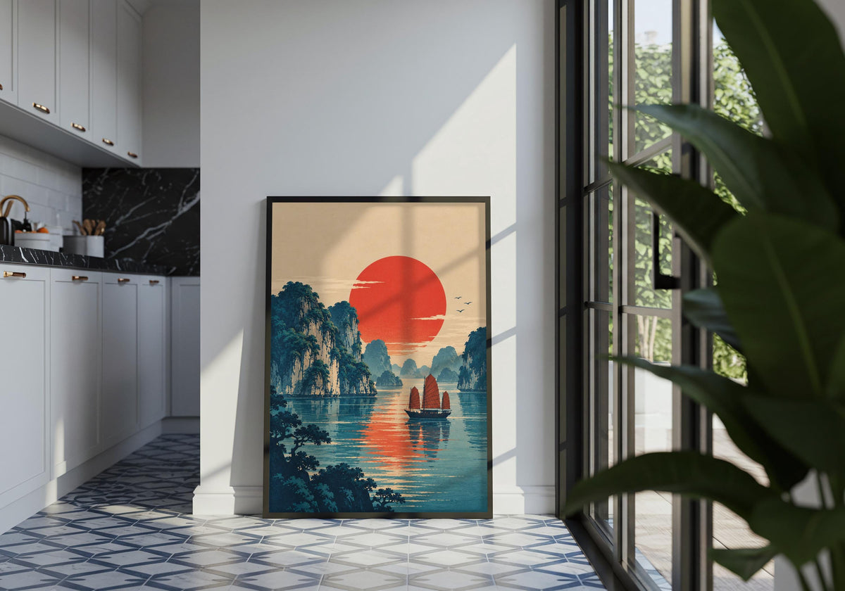 The contemporary living room gives the colourful art print depiction of ukiyo-e sunset over halong bay room to breathe.