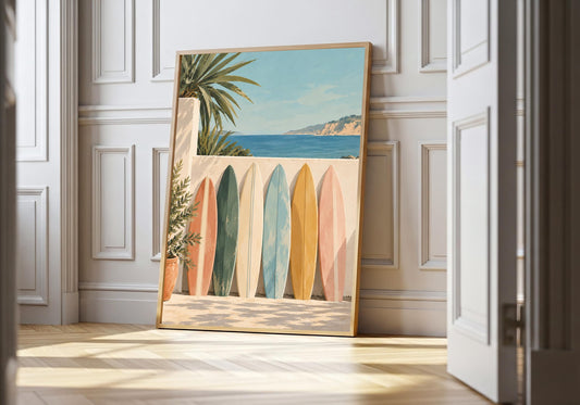 A light wood hero frame presents sunlit surfboards by the sea as coastal landscape pr in a clean interior.