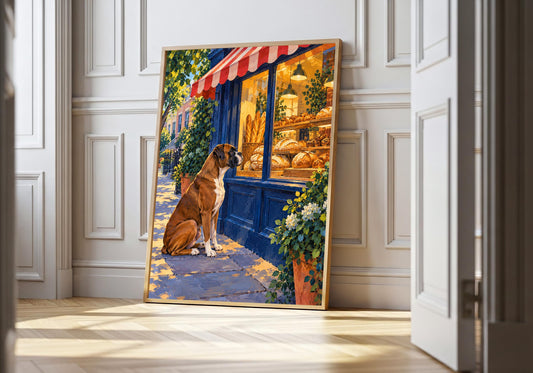 A light wood hero frame presents boxer waits outside the bakery as boxer dog print in a clean interior.