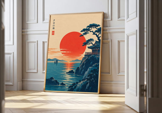 A light wood hero frame presents sunset temple by the sea as japanese style art in a clean interior.