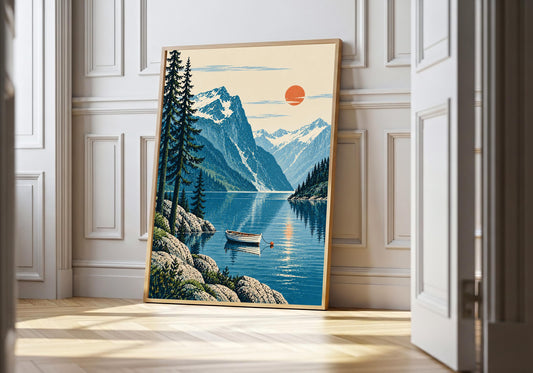 A light wood hero frame presents vintage alpine lake woodcut as ski art print in a clean interior.